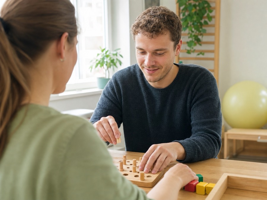 Einzeltherapie in der Praxis mit Patient bei einer feinmotorischen Übung