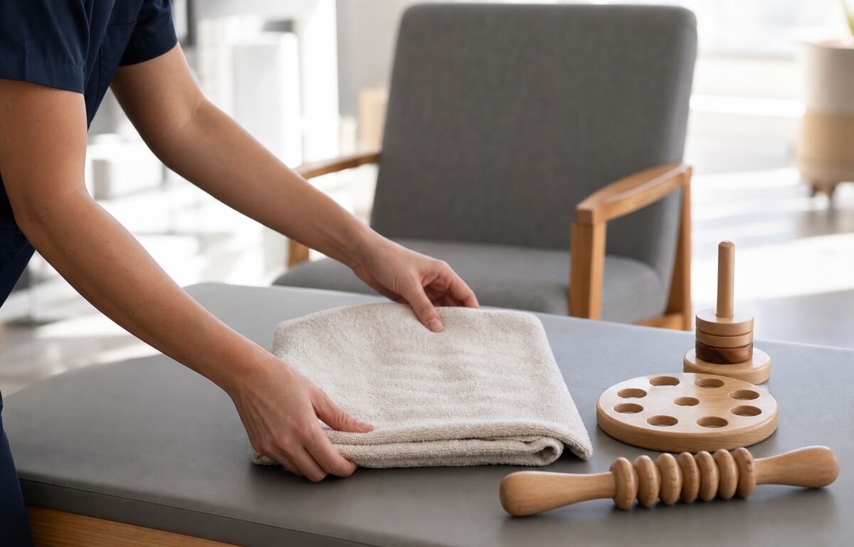 Vorbereitete Therapiesituation mit Material und Behandlungsliege